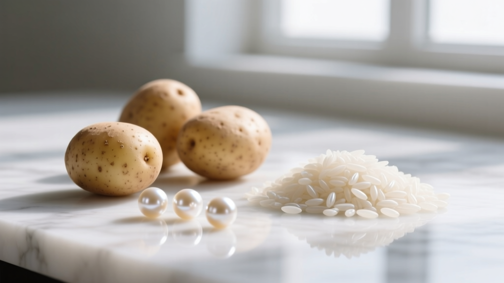 Macro view of bumpy potato pearls and small oval rice pearls on a white marble surface under soft natural lighting.