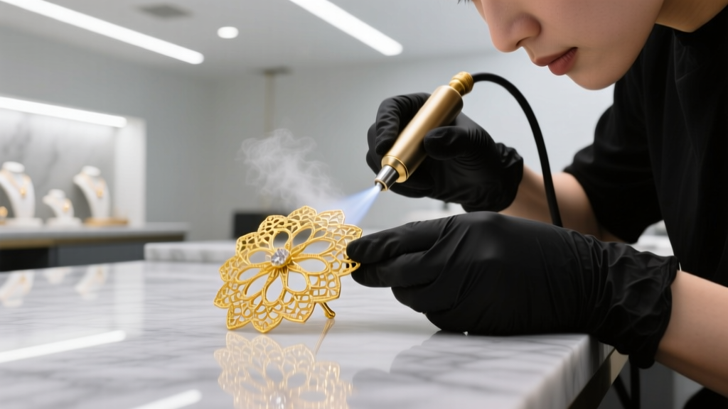 Jeweler using a steam cleaner on a vintage 14k yellow gold filigree brooch in a bright, well-lit professional jewelry workshop.