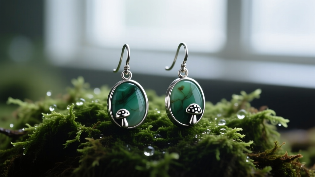 Oxidized sterling silver troll earrings with raw moss agate cabochons and tiny mushroom motifs resting on dark green forest moss