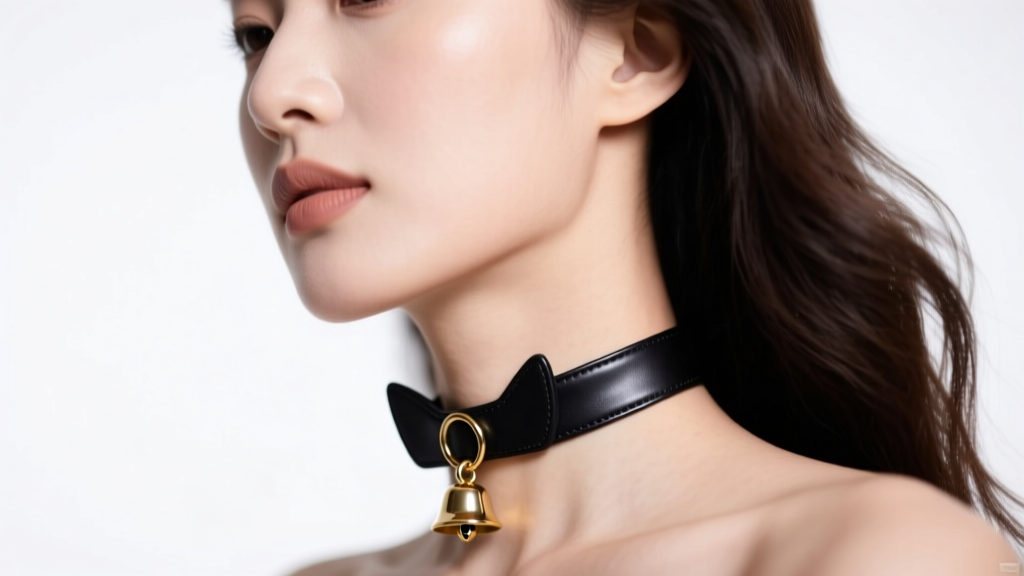 Close-up of a woman wearing a black leather cat necklace collar choker with a small gold bell and D-ring, soft studio lighting