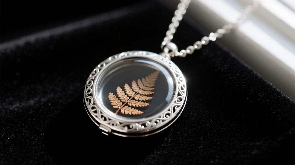 Close-up of a 25mm glass locket necklace with a sterling silver bezel on dark velvet, revealing a pressed fern insert inside