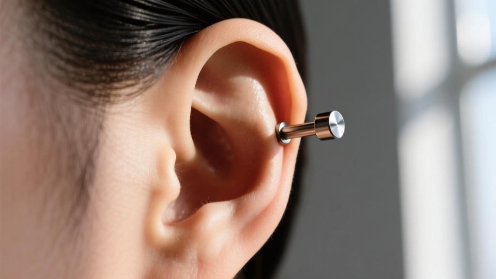 Side profile of an ear showing a perfectly aligned 14-gauge titanium industrial bar earring piercing the upper cartilage ridges.