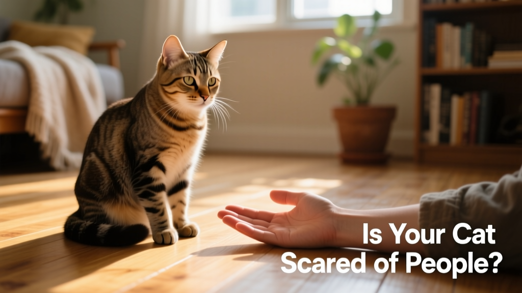 A relaxed cat sitting beside a person’s hand resting palm-up on the floor, both calm and unguarded