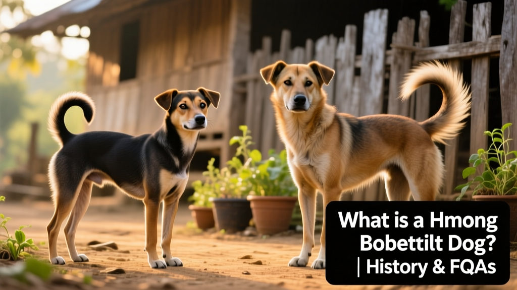 Side-by-side comparison showing the natural bobbed tail of a Hmong Bobtail next to a full-tailed village dog, highlighting the genetic distinction