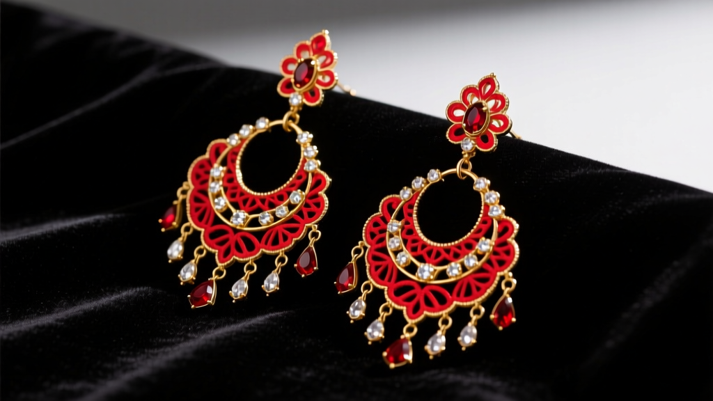 Vibrant red and gold filigree folklorico chandelier earrings resting on dark velvet cloth, illuminated by dramatic studio lighting