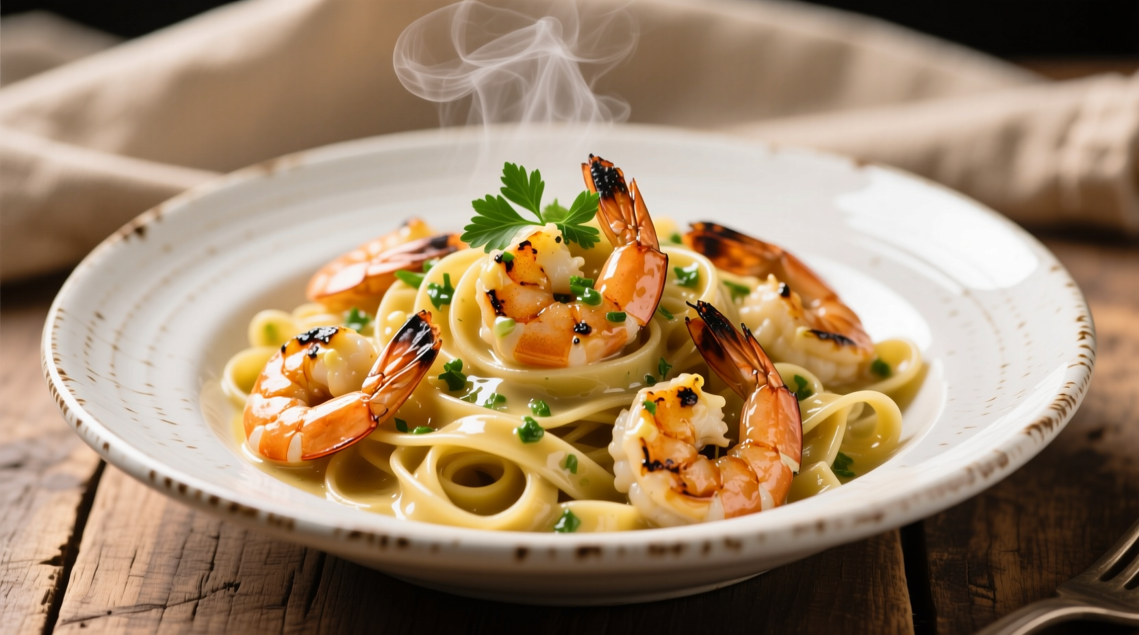 Butter garlic shrimp with pasta in white bowl