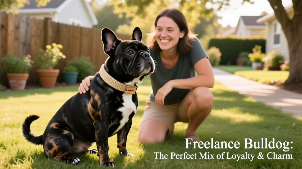 A Free-Lance Bulldog wearing a soft collar and sitting attentively beside its owner during a basic obedience session