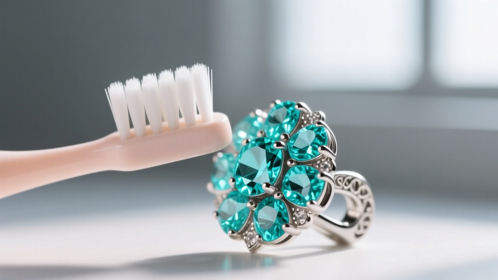 Close-up of a soft baby toothbrush gently scrubbing tiny turquoise gemstone chips set in a sterling silver cluster earring