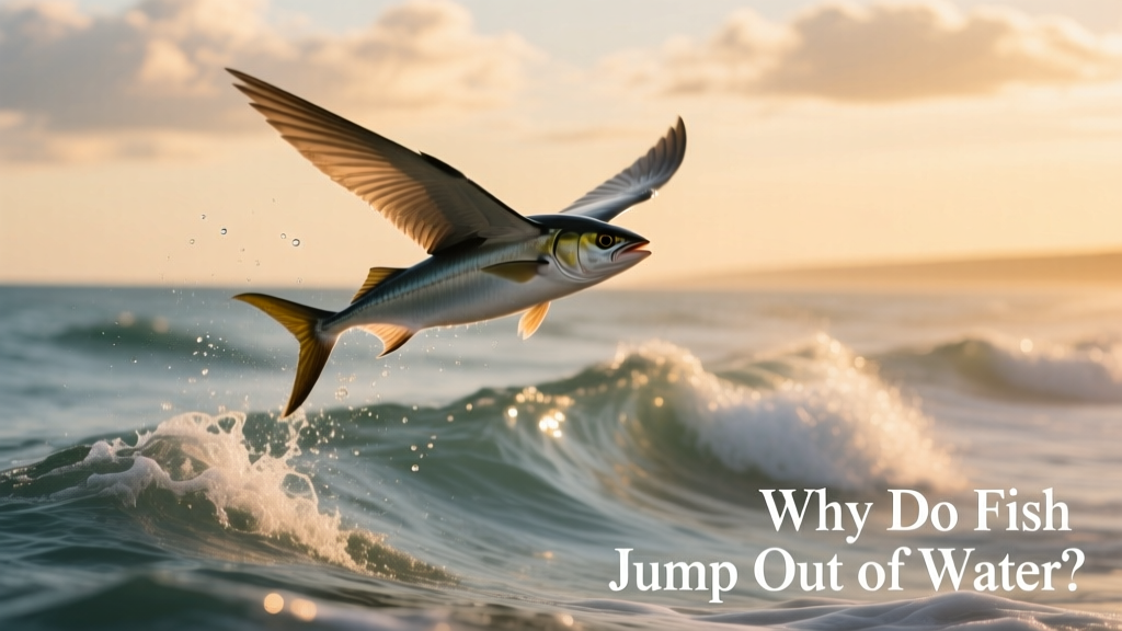 Flying fish gliding above ocean waves with fins extended