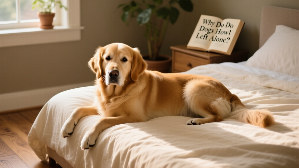 A calm, confident dog lying comfortably on a cozy bed with soft lighting