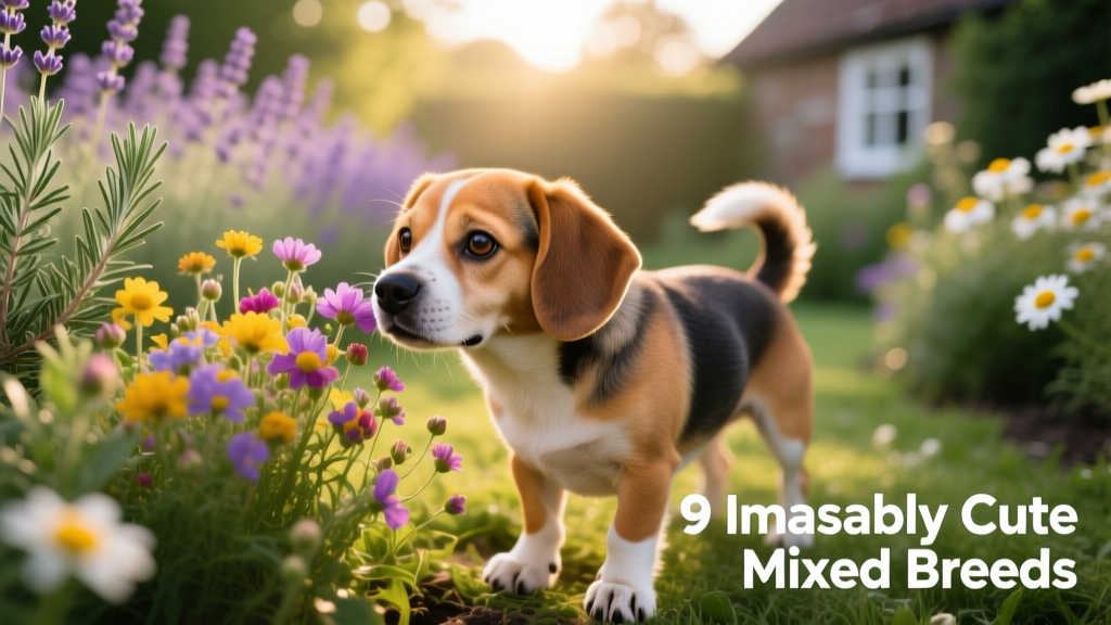 A curious Puggle sniffing flowers in a garden