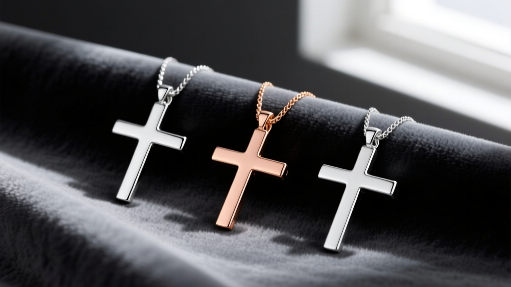 Three skinny cross pendants in polished platinum, 14k rose gold, and sterling silver resting on dark grey velvet fabric.