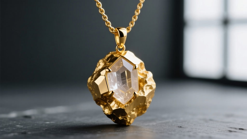 Macro shot of a raw 22k gold nugget pendant with quartz inclusions on a 4mm 18k gold rope chain against dark slate.