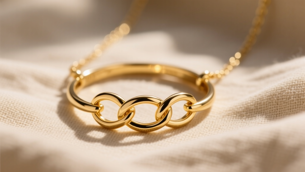 Macro shot of a 14k solid gold ohana necklace with three interlocking rings resting on soft beige linen fabric in natural sunlight.