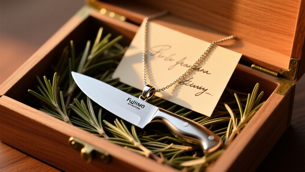 Open gift box with a surgical steel chef knife necklace, surrounded by dried rosemary and a note, warm rustic lighting.