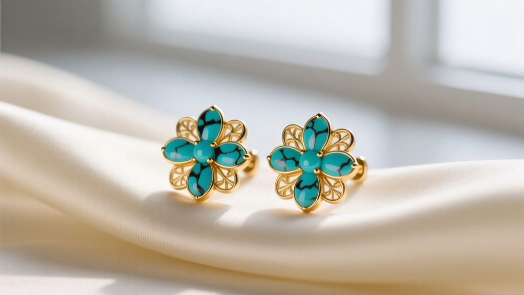 14k gold turquoise flower stud earrings on cream silk, soft light highlighting the dark stone matrix veins.