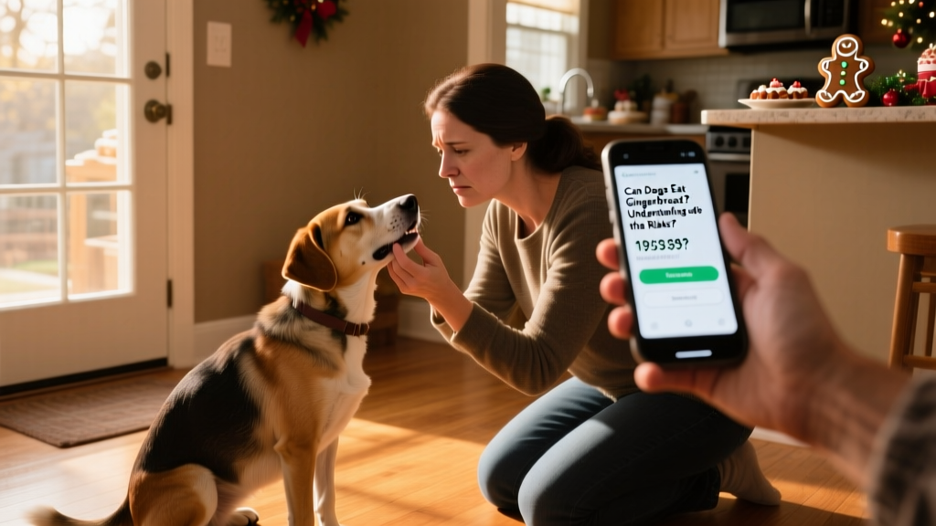 A calm, concerned pet parent kneeling beside their dog on the floor, gently checking its mouth while holding a phone—suggesting they’re calling for help