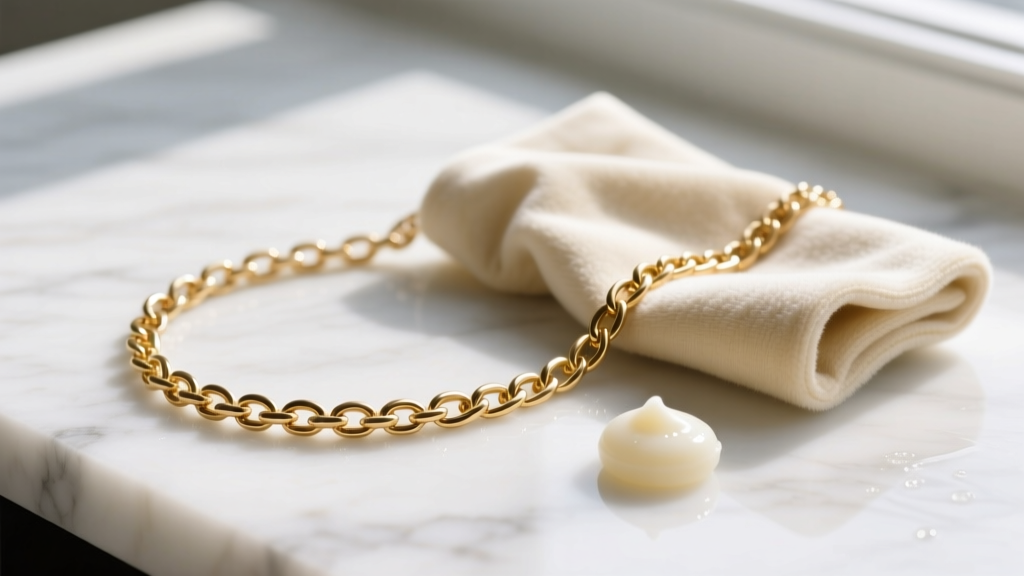 Close-up of a jewelry polishing cloth and pH-neutral soap next to a delicate gold vermeil chain resting on a white marble surface