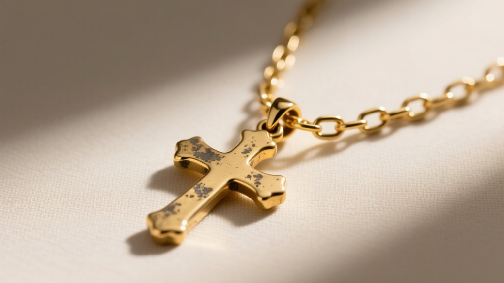Gold vermeil cross necklace showing slight patina on chain links after daily wear, photographed in bright natural light