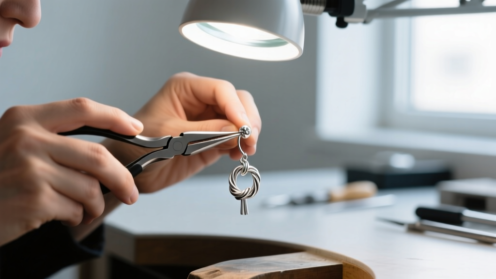 Jeweler using nylon pliers to gently straighten the bent sterling silver post of a knot earring under a bright magnifying lamp