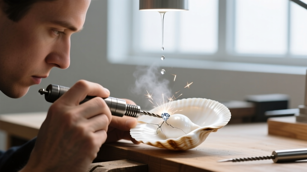Jeweler using a diamond-tipped flex shaft drill to pierce a white cowrie shell, with a steady water drip cooling the bit