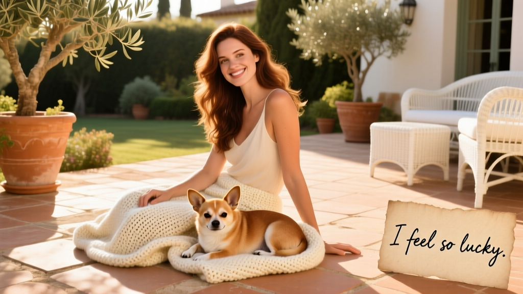 Nicole sitting on a sun-drenched patio with Rusty the Chihuahua nestled in a soft blanket