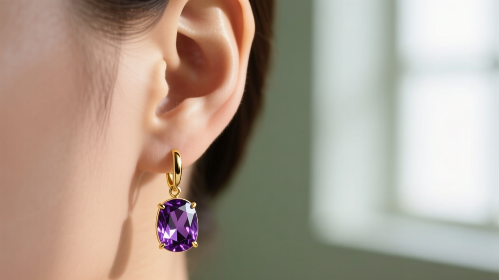 Close-up of an ear wearing 18k gold drop earrings with faceted deep purple amethyst gems against a blurred background.