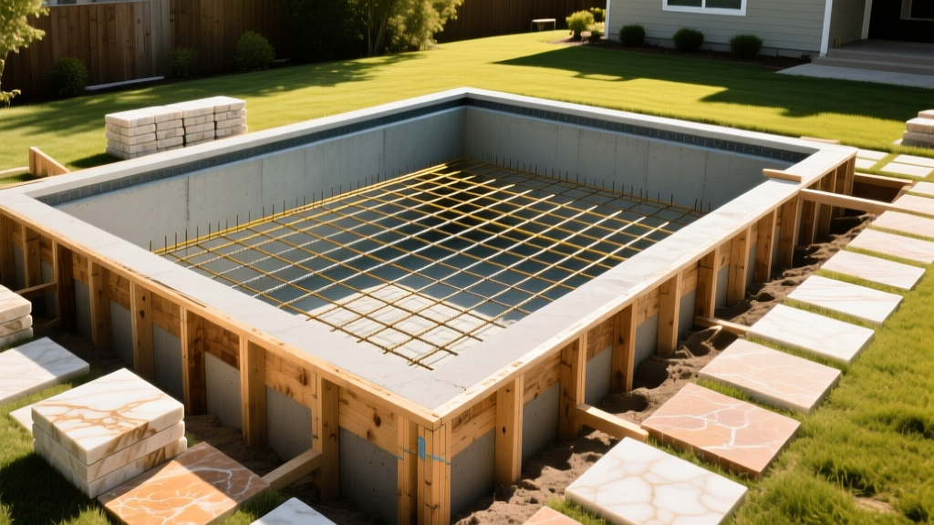Excavated gunite pool shell with steel rebar grid and wooden forms, surrounded by stacked travertine pavers in a sunny suburban backyard.