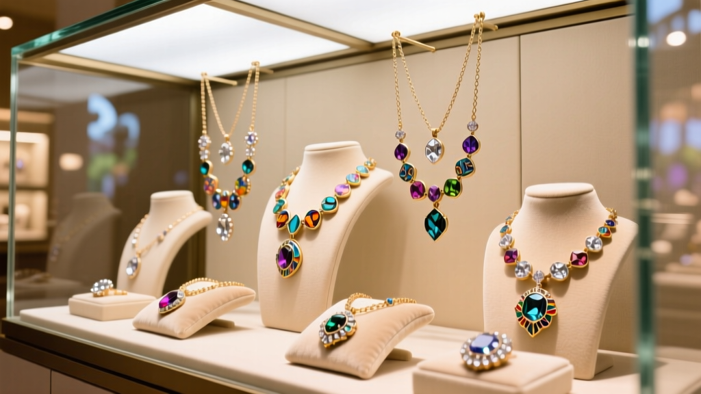 Brightly lit glass display case in a theme park shop featuring various enameled charm necklaces and sparkling crystal pendants.