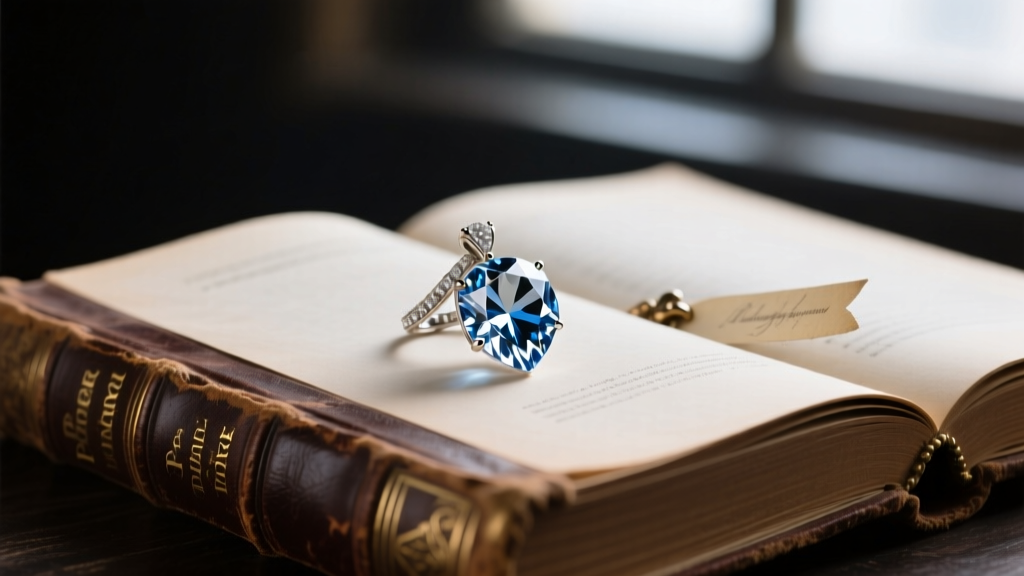 Vintage diamond pendant on an antique book under moody lighting, symbolizing classic literature and fine jewelry authenticity.