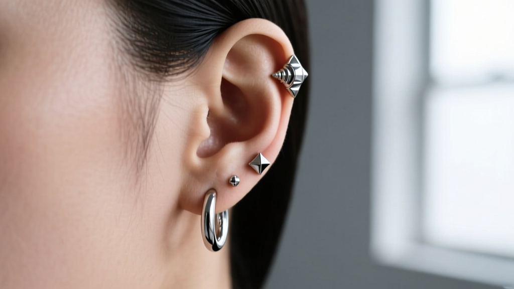 Side profile of a curated ear with titanium hoops and studs, highlighting conch and daith piercings on a soft grey backdrop.