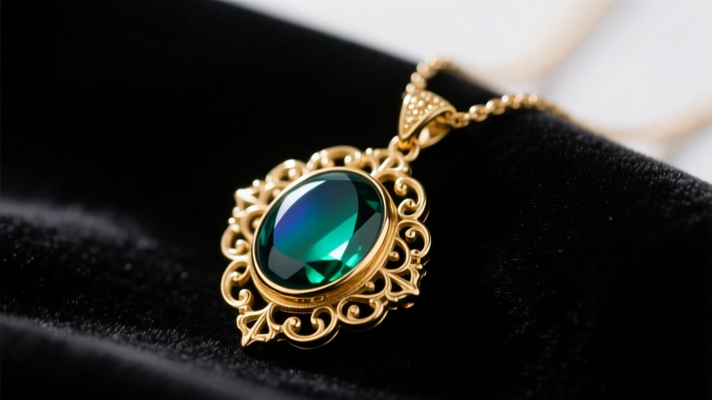 Close-up of a vintage-style gold mood necklace pendant resting on dark velvet, displaying a vibrant deep teal color shift.