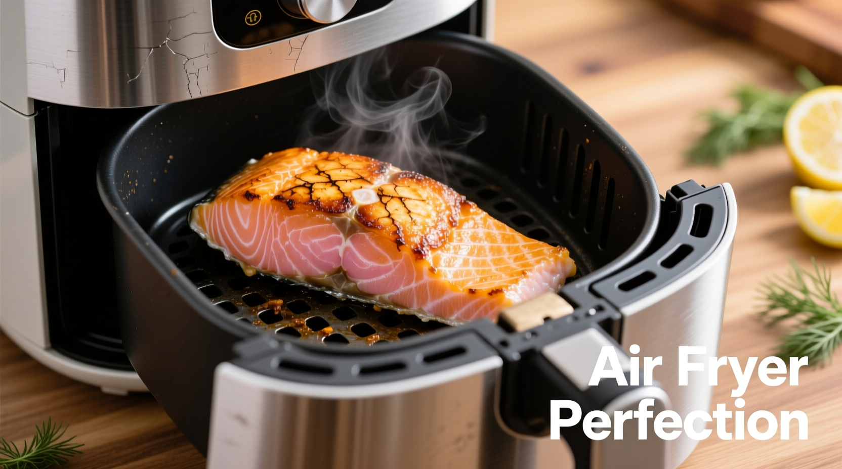 Perfectly cooked salmon with crispy skin in air fryer basket