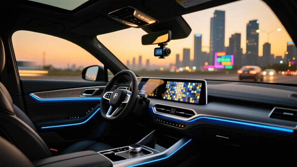A modern car interior at dusk illuminated by subtle blue ambient LED strips and a sleek dashboard-mounted dash cam reflecting city lights.