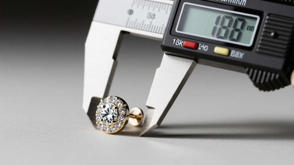 Digital calipers measuring an 18k white gold stud earring post, revealing bright rhodium plating on the metal under soft light