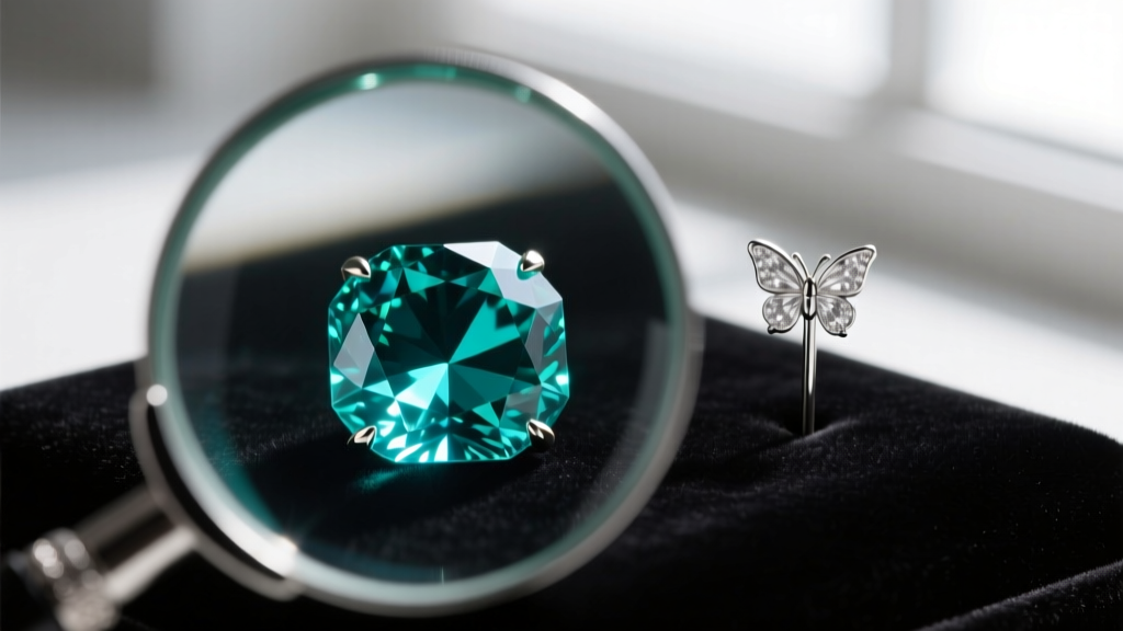Loupe examining the girdle of an emerald-cut aquamarine, with a 20-gauge silver post and butterfly back blurred in background.