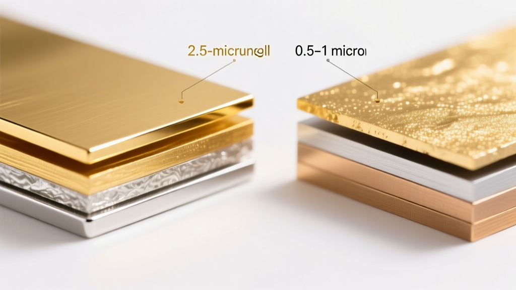 Diagram showing a thick 2.5 micron gold vermeil layer over sterling silver compared to thin flash gold plating over a brass base.