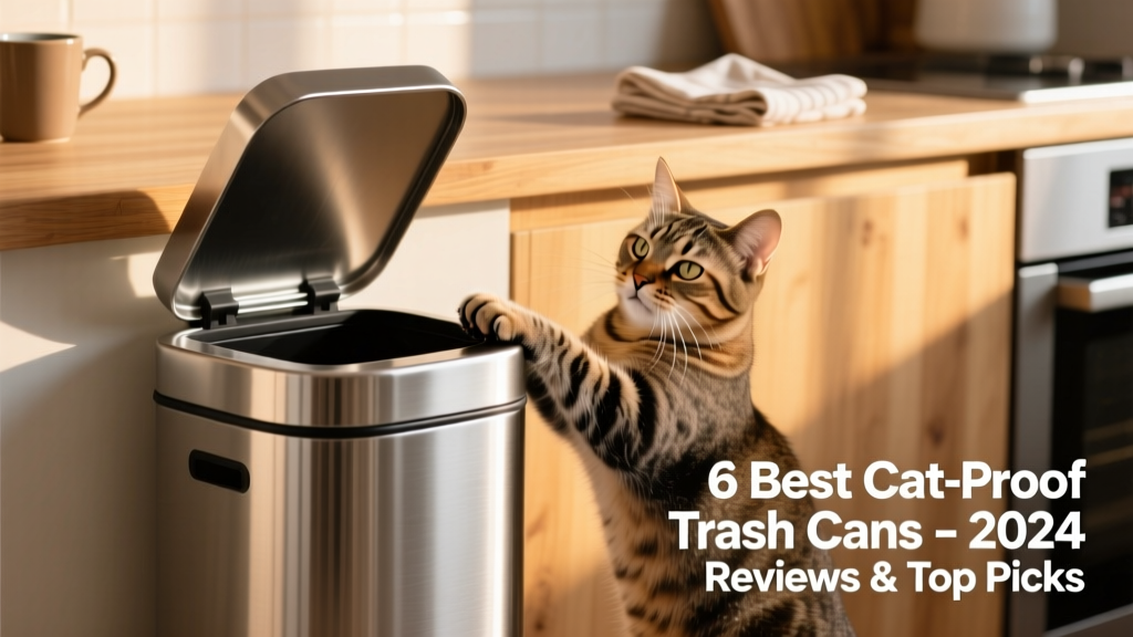 A sleek stainless steel step trash can with a closed lid, placed beside a curious but thwarted cat