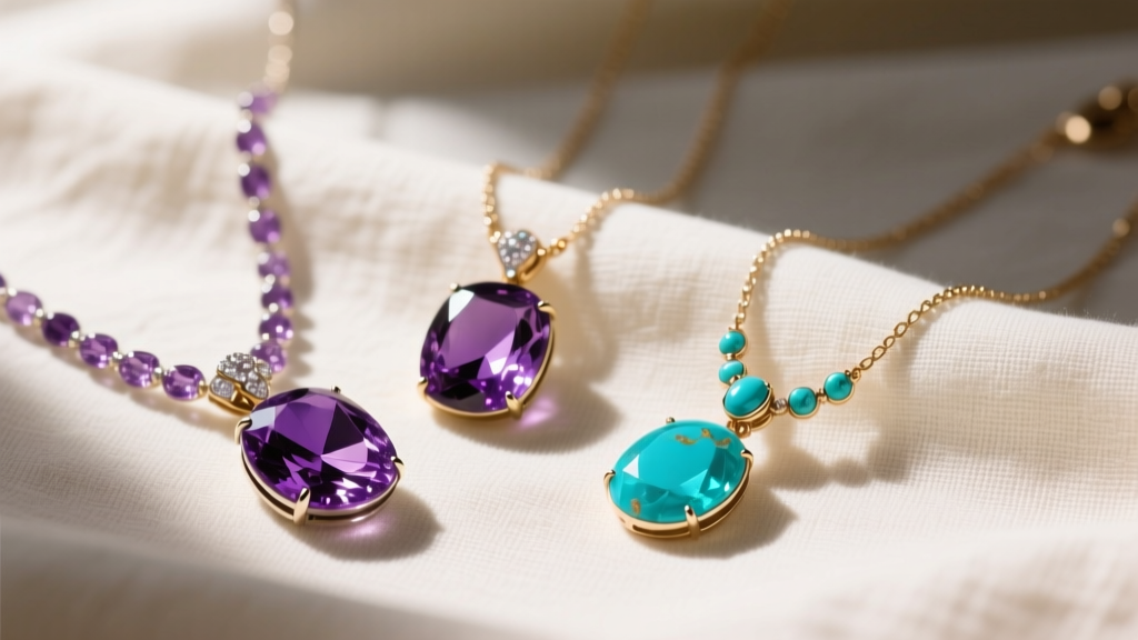 Close up of semi precious gemstone necklaces with amethyst and turquoise pendants on cream linen in soft natural light