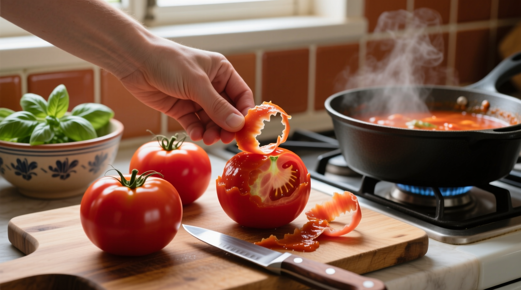 Fresh tomatoes being peeled for homemade sauce preparation