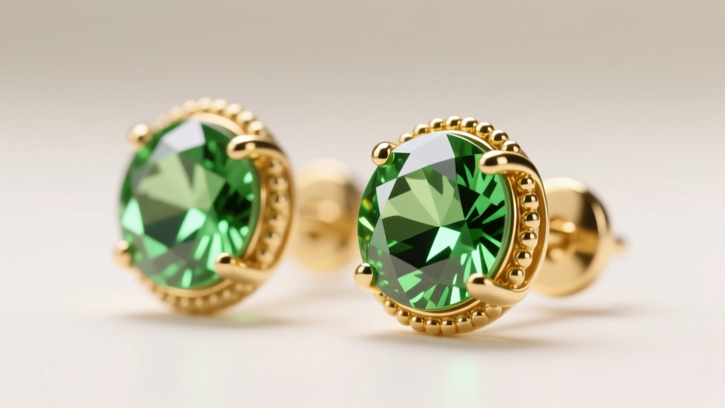 Macro shot of 18k gold chartreuse peridot stud earrings, highlighting birefringence facet doubling under bright studio lighting