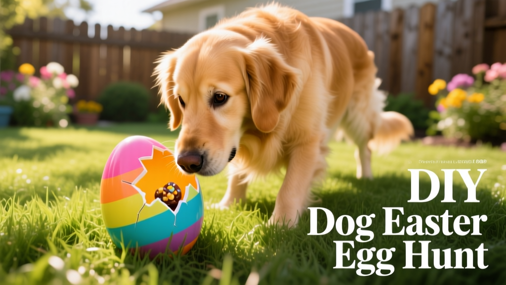 A golden retriever sniffing a large plastic Easter egg on green grass in a sunny backyard