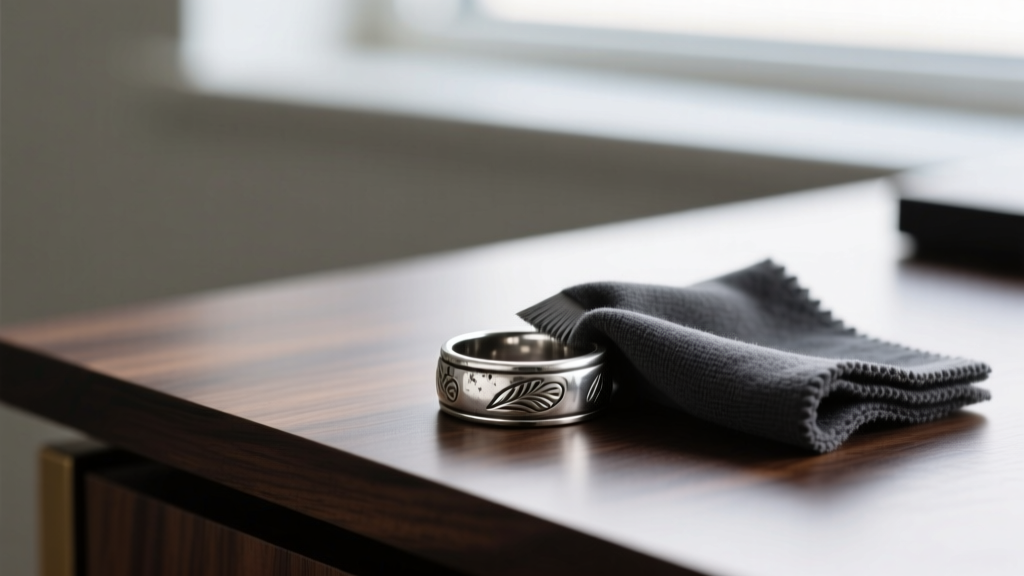 Tarnished sterling silver ring being polished with a specialized dark grey microfiber cloth on a dark wooden desk surface.