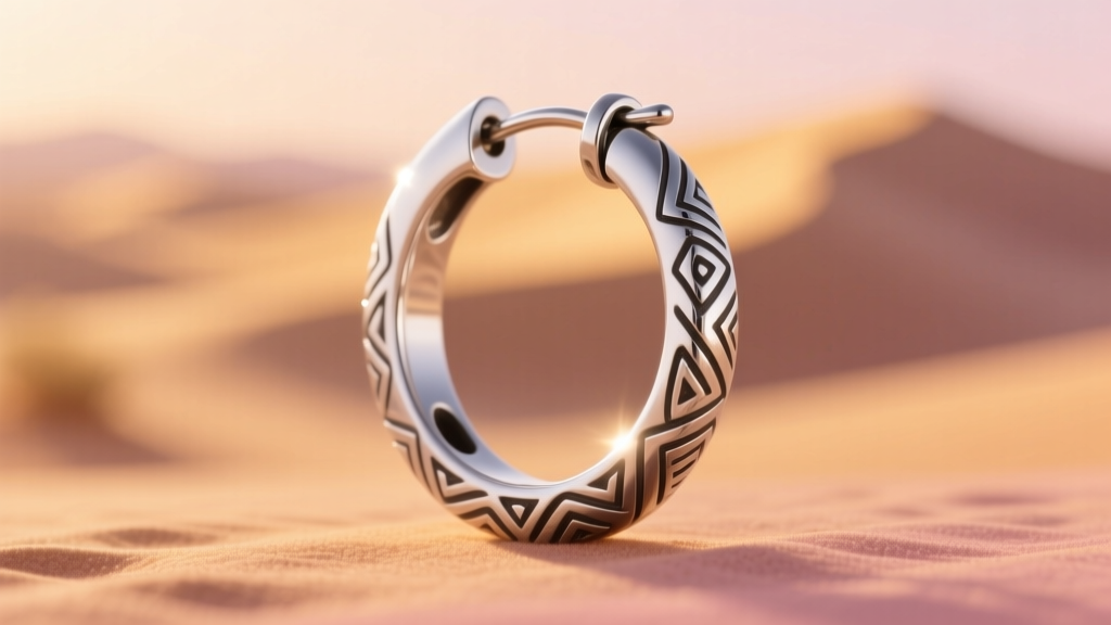 Side profile of a 14-gauge continuous tribal silver hoop earring showing the tension closure against a blurred desert background