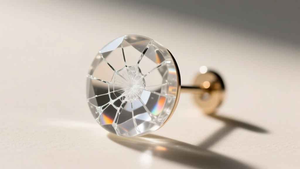 Extreme close-up of a cracked clear acrylic earring post, showing micro-fractures and cloudiness from exposure to body heat.
