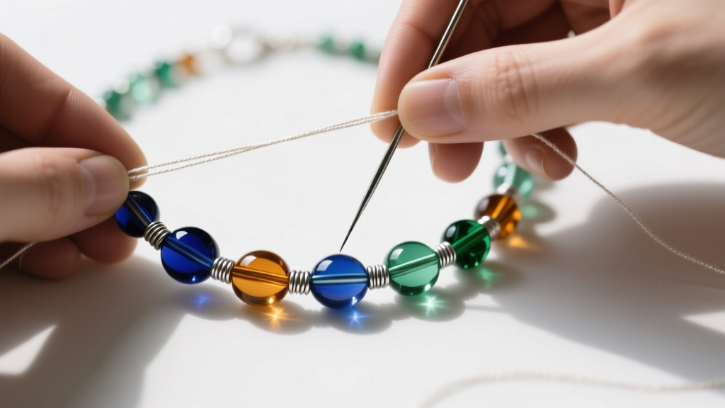 Jeweler restringing a vintage glass beaded necklace using Size D silk thread, a fine beading needle, and silver French wire.