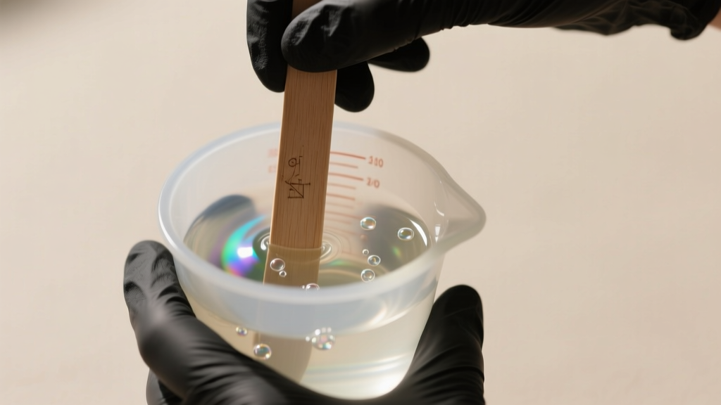 Close-up of hands in black nitrile gloves stirring clear epoxy resin in a silicone measuring cup with a wooden craft stick.