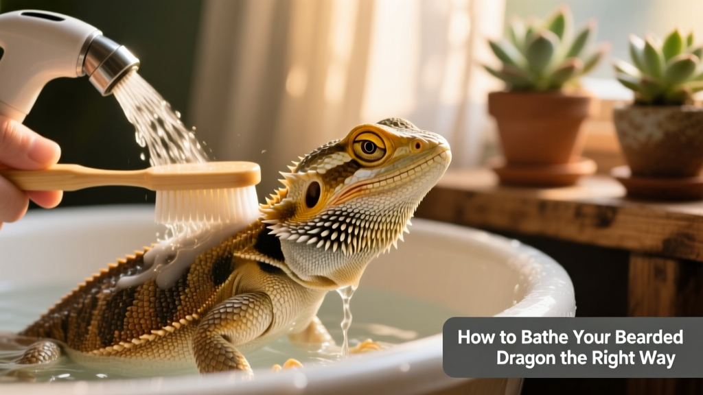 Close-up of a bearded dragon gently being brushed with a soft toothbrush during a bath to assist with shedding