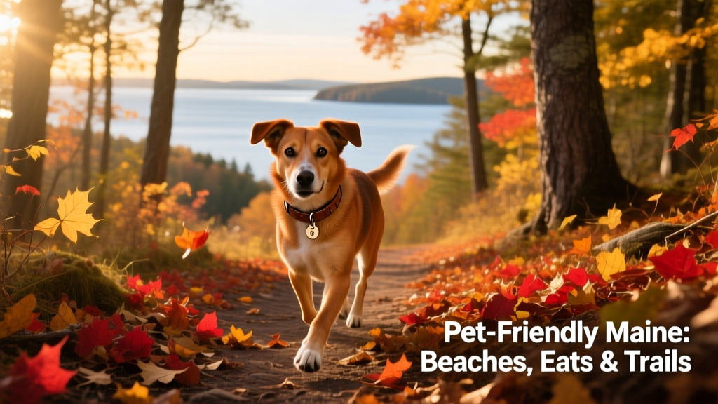 A mixed-breed dog trotting along a forested hiking trail in Bradbury Mountain State Park, with autumn foliage and distant bay views