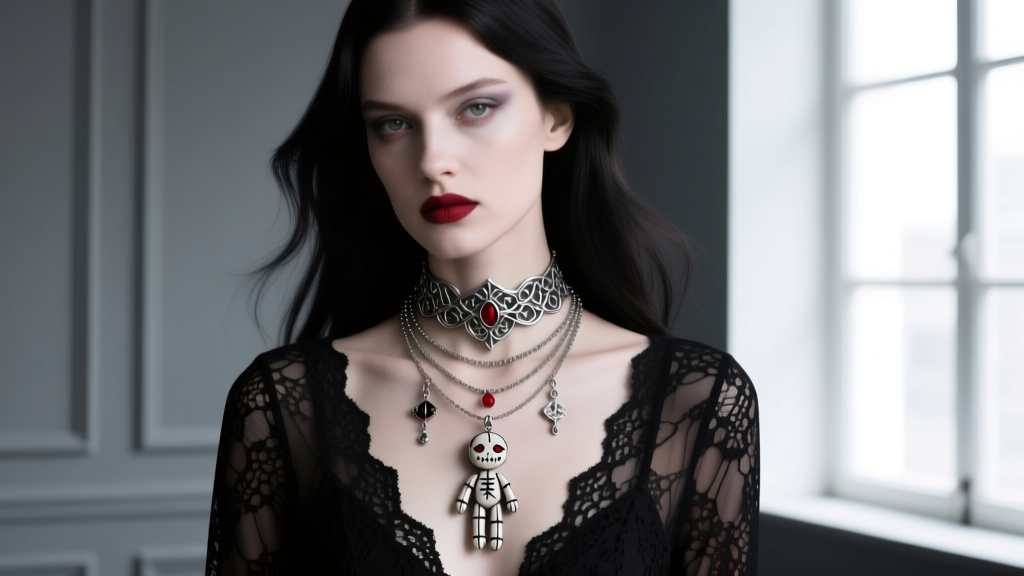 Model wearing a layered gothic necklace set with a 16-inch choker and a 22-inch voodoo doll pendant over a black lace top.